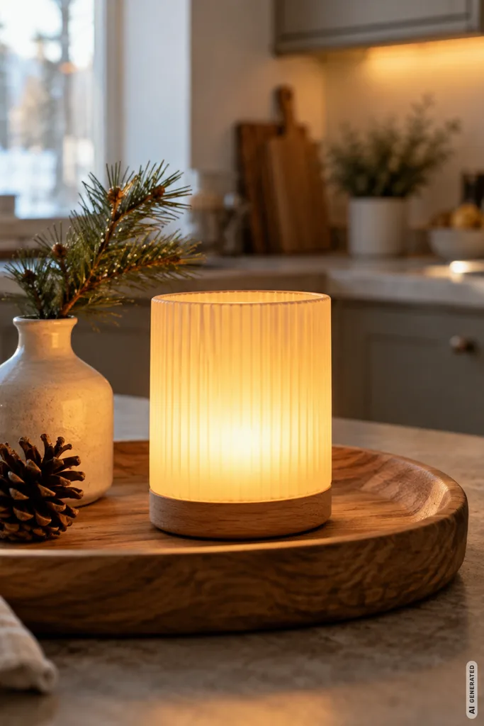 Winterdeko für die Küche mit warmem Licht auf Holztablett, Keramikvase, Tannenzweig und Zapfen.