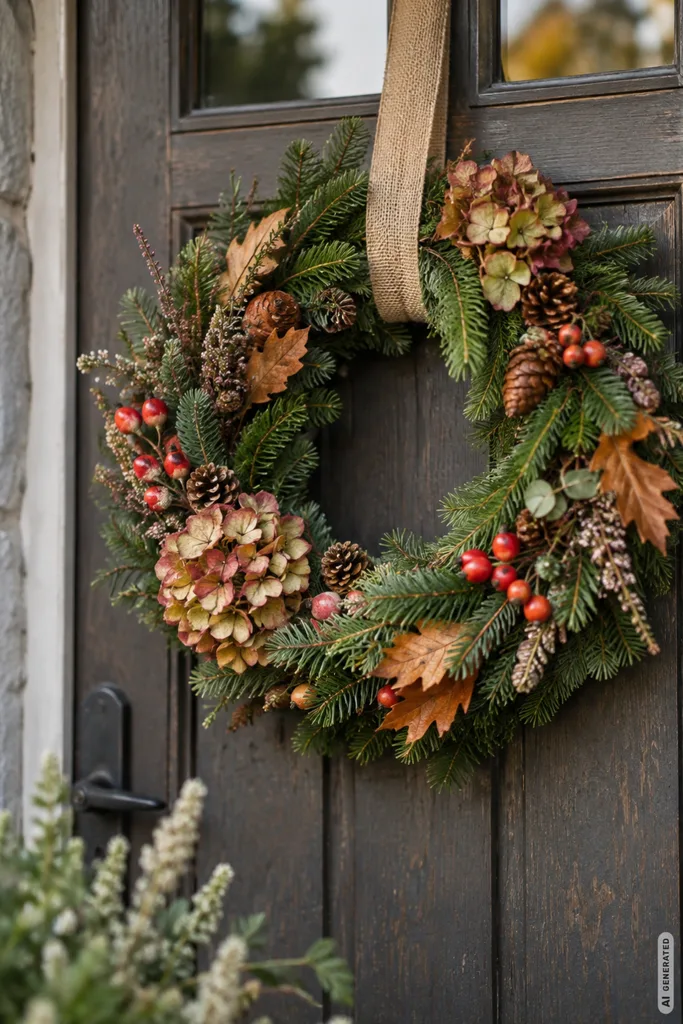 Herbstdeko basteln mit Tannenzweigen: natürlicher Türkranz mit Zapfen, Hortensien und Hagebutten.