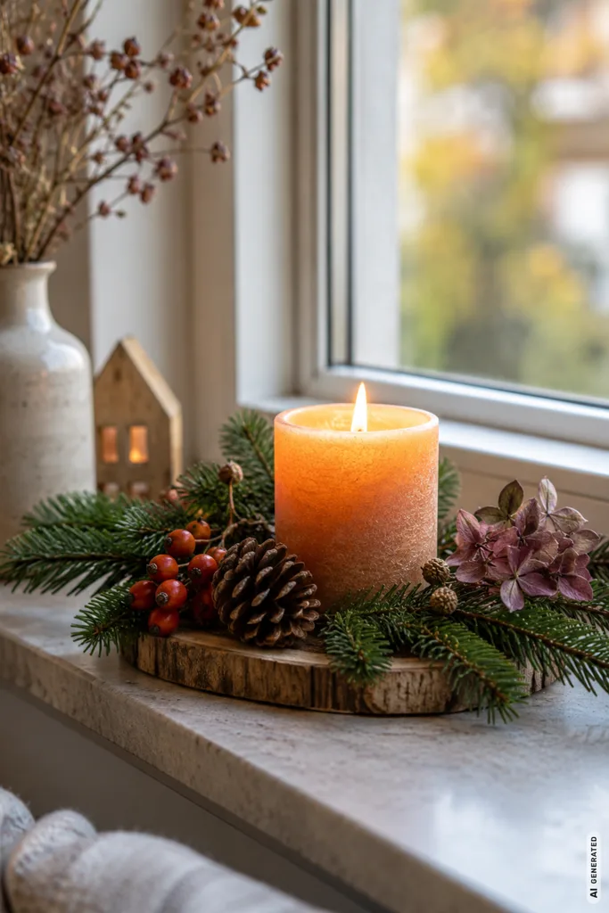 Herbstdeko basteln mit Tannenzweigen auf der Fensterbank mit Kerze, Zapfen und Trockenblumen.
