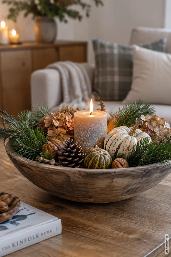 Herbstdeko basteln mit Tannenzweigen: Holzschale mit Kürbissen, Zapfen und Kerze auf dem Wohnzimmertisch.