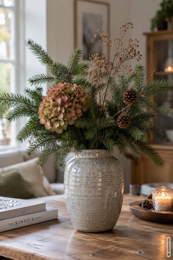 Herbstdeko basteln mit Tannenzweigen: lockeres Gesteck mit Hortensie und Gräsern in einer Vase.