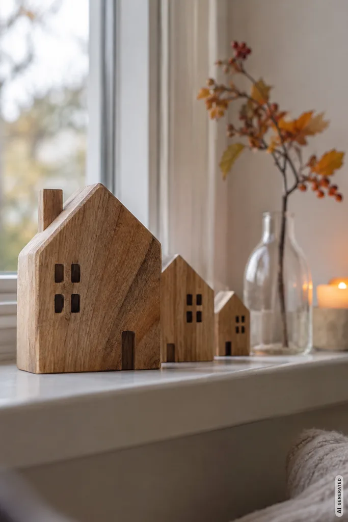 Herbstdeko basteln aus Holz: kleine Holzhäuser auf der Fensterbank mit Zweig und Kerze.