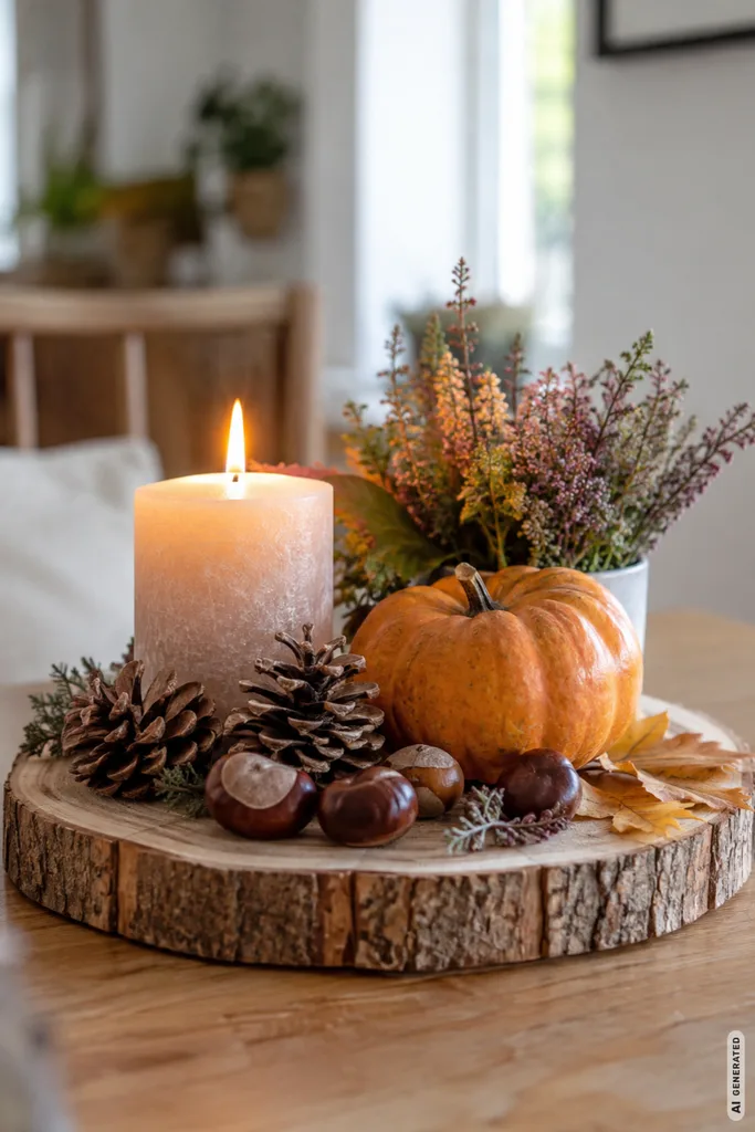 Herbstdeko basteln aus Holz mit Holzscheibe, Kerze, Kürbis, Zapfen und Kastanien auf einem Tisch.