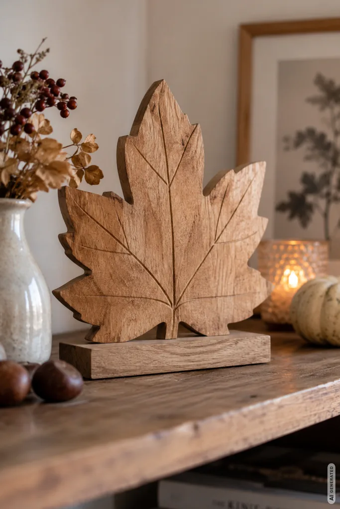 Herbstdeko basteln aus Holz: Holzblatt-Aufsteller auf einem Regal mit dezenter herbstlicher Dekoration.