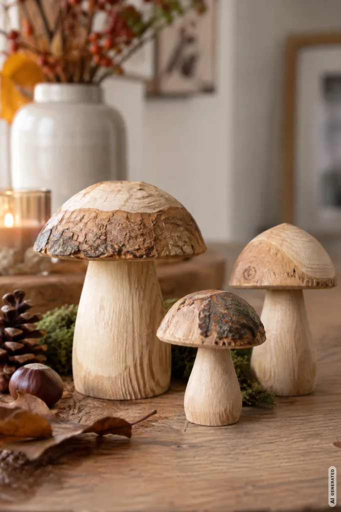 Herbstdeko basteln aus Holz: Drei handgemachte Holzpilze mit Moos, Zapfen und Kastanien auf einem Holztisch.