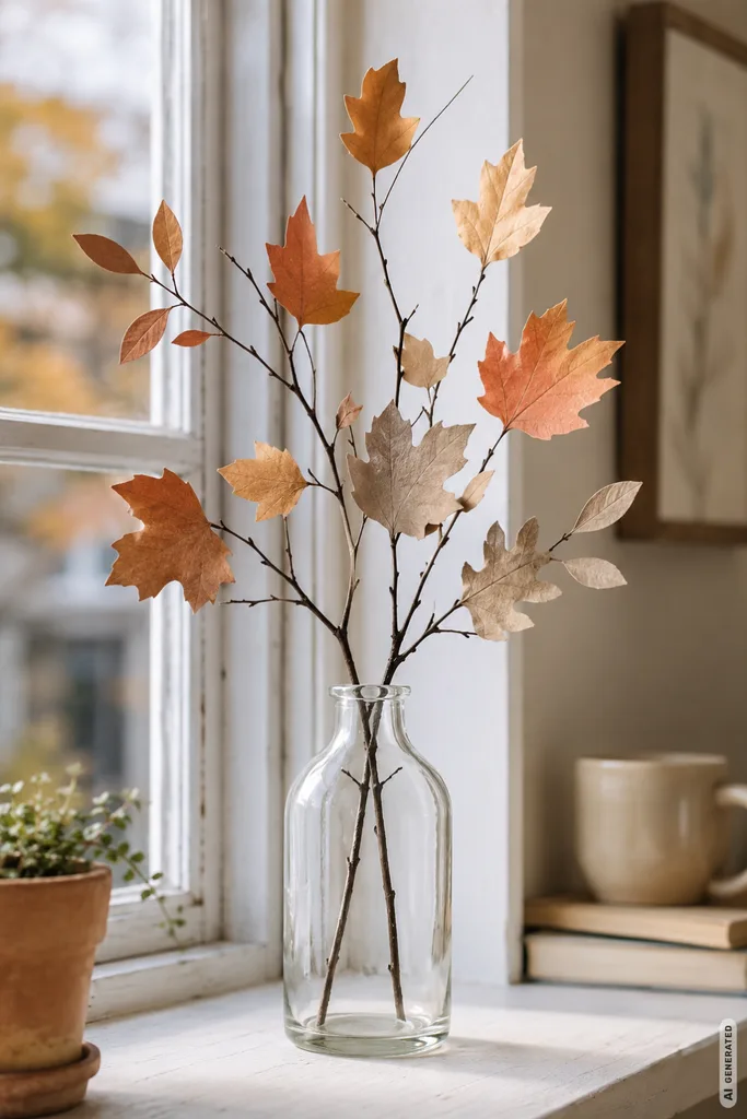 Herbstdeko aus Papier für die Fensterbank: 5 DIY-Ideen zum Selbermachen Herbstdeko aus Papier für die Fensterbank mit Papierblättern an Zweigen in einer Glasvase.