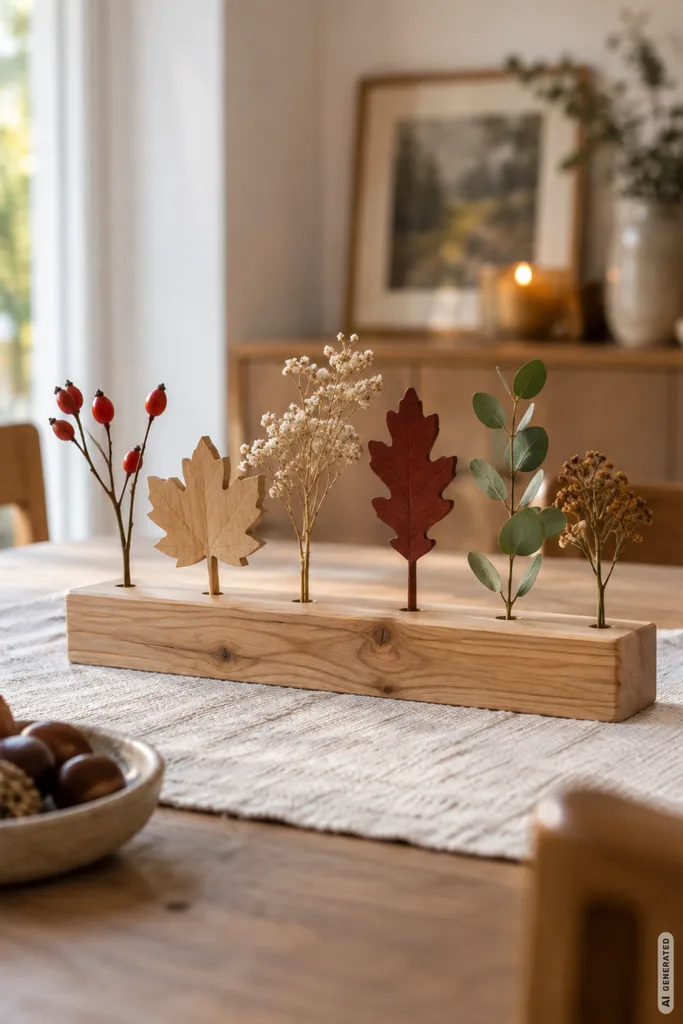 Herbstdeko basteln aus Holz: schlichte Holzleiste mit Blättern und Zweigen als natürliche Tischdeko.