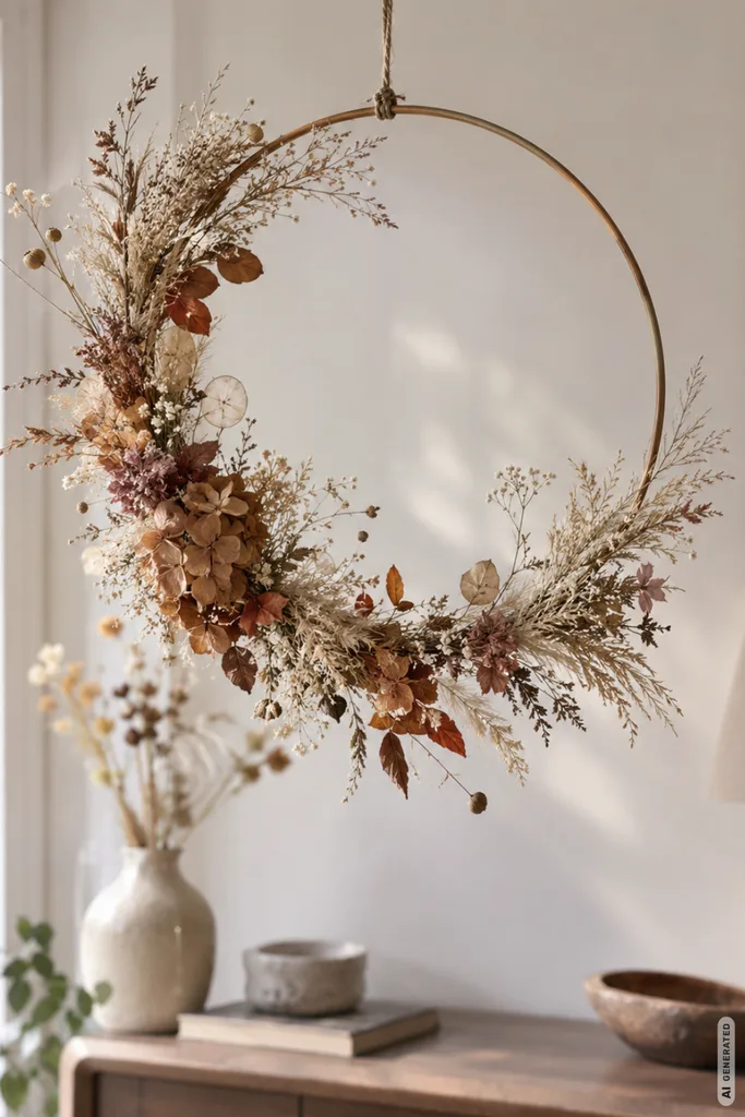 Herbstkranz selber basteln: leichter Innenraum-Kranz aus Trockenblumen für Fenster, Wand oder Sideboard.
