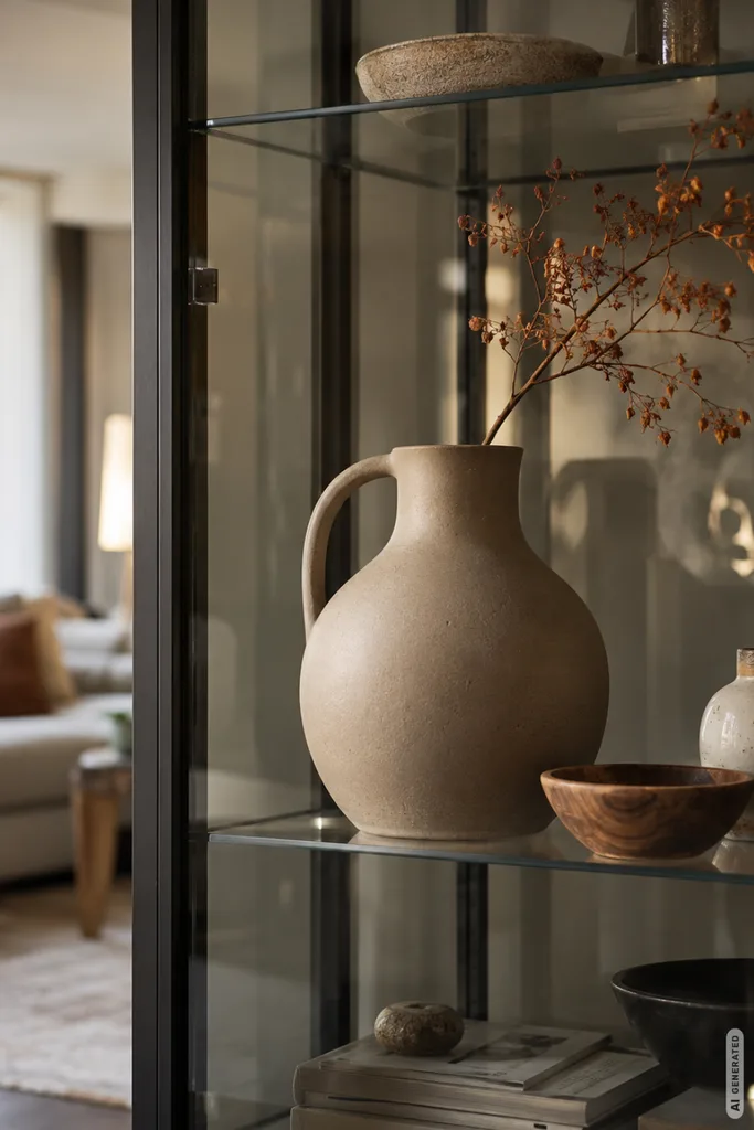 Moderne Herbstdeko für die Vitrine: 3 schöne Ideen ohne zu überladen Moderne Herbstdeko für die Vitrine mit Keramikkrug, Holzschale und herbstlichem Zweig in ruhigen Naturtönen.