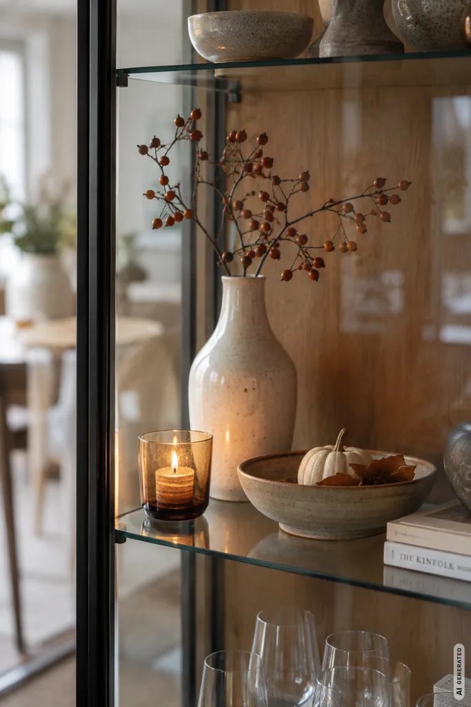 Moderne Herbstdeko für die Vitrine: 3 schöne Ideen ohne zu überladen Moderne Herbstdeko für die Vitrine mit Vase, Zweigen, Keramik und warmen Naturtönen.