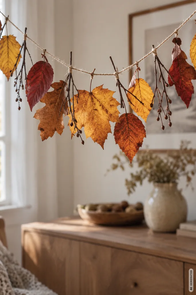 Herbstliche Girlande basteln mit bunten Blättern, Zweigen und Naturmaterialien im Wohnzimmer.