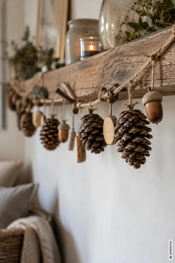 Herbstliche Girlande basteln mit Naturmaterialien wie Zapfen, Eicheln und kleinen Holzstücken.