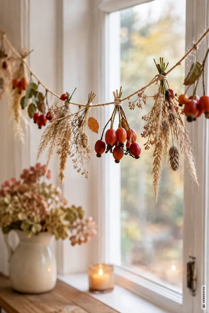 Herbstliche Girlande aus Naturmaterialien mit Hagebutten, Zweigen und Gräsern am Fenster.