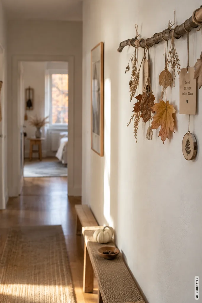 Moderne Herbstdeko für schmale Flure mit Zweigen, Blättern und Naturmaterialien an der Wand.
