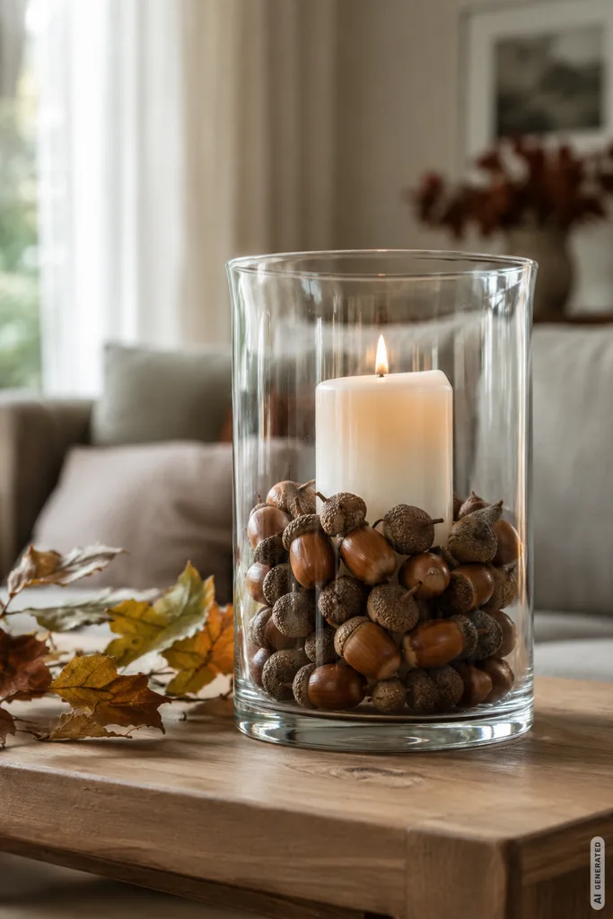 Herbstdeko mit Eicheln basteln: Glas mit Eicheln und Kerze als natürliche Deko für den Herbst.