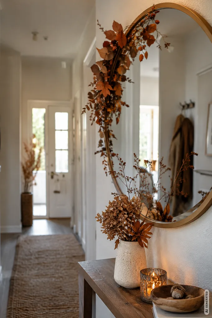 Moderne Herbstdeko für schmale Flure mit Spiegel, Naturzweigen und günstigen herbstlichen Akzenten.