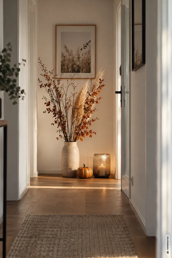 Moderne Herbstdeko für schmale Flure mit Vase, Zweigen, Kürbis und Windlicht als günstige Idee am Flurende.