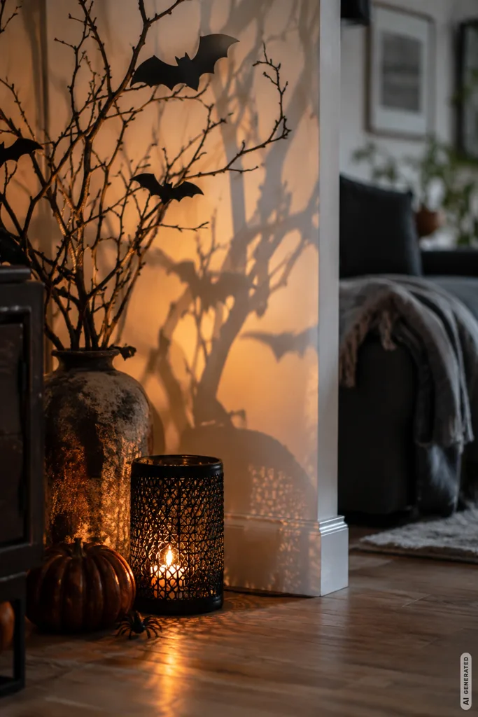Halloweendeko im Wohnzimmer mit dunklen Zweigen, Fledermäusen und gruseliger Lichtstimmung.