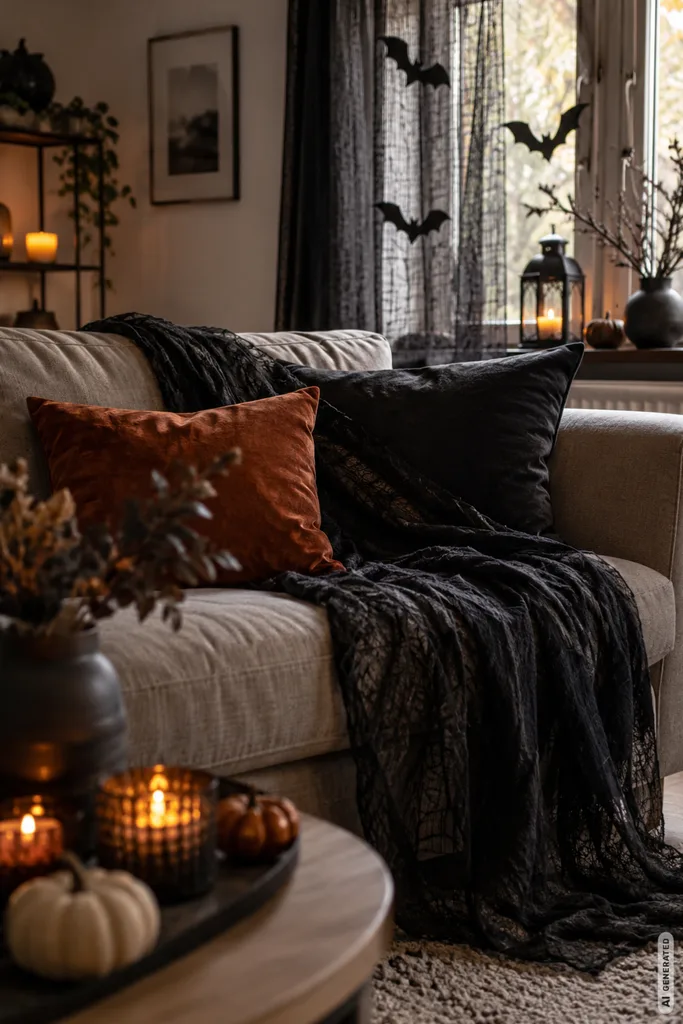 Halloweendeko im Wohnzimmer mit schwarzer Gaze, dunklen Kissen und gruseliger Fensterdeko.
