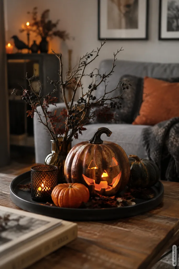 Halloweendeko im Wohnzimmer mit Kürbissen, Zweigen und dunkler Tischdeko auf dem Couchtisch.