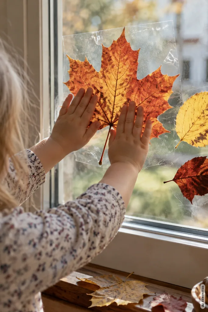 Basteln mit Kleinkindern im Herbst: Kind drückt ein großes Herbstblatt an ein Fenster und gestaltet Fensterdeko.