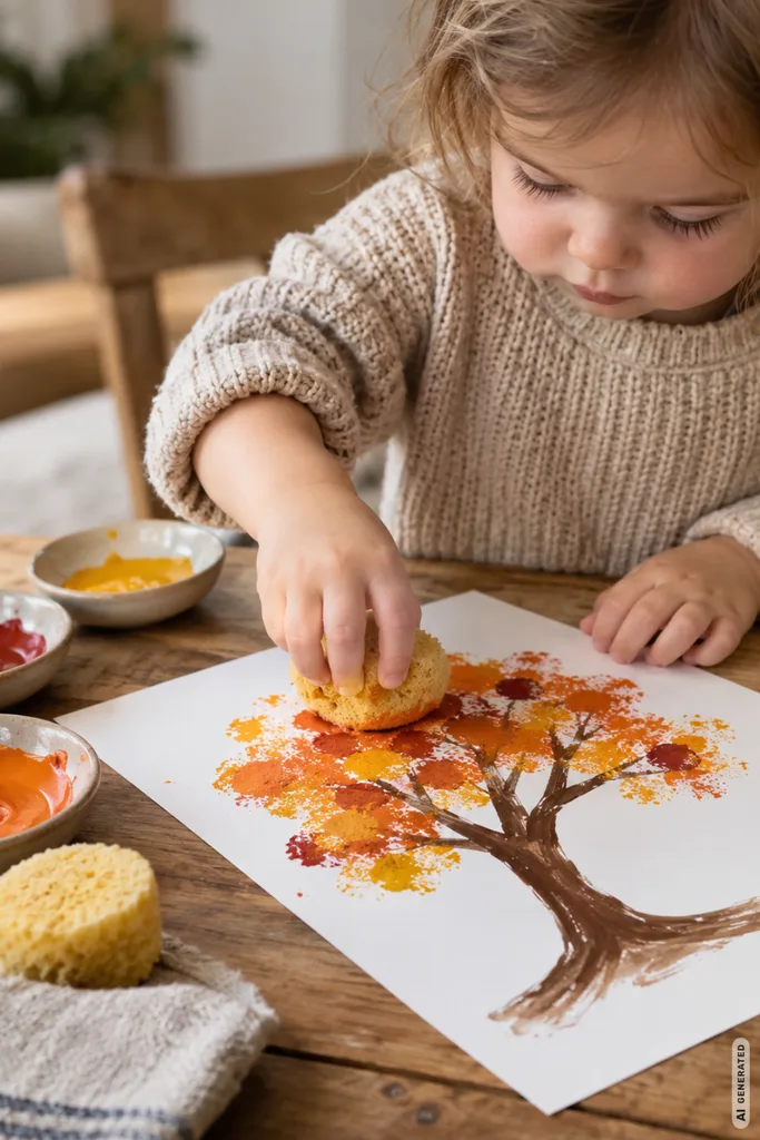 Basteln mit Kleinkindern im Herbst: Ein Kind tupft mit Schwammfarbe einen bunten Herbstbaum auf Papier.