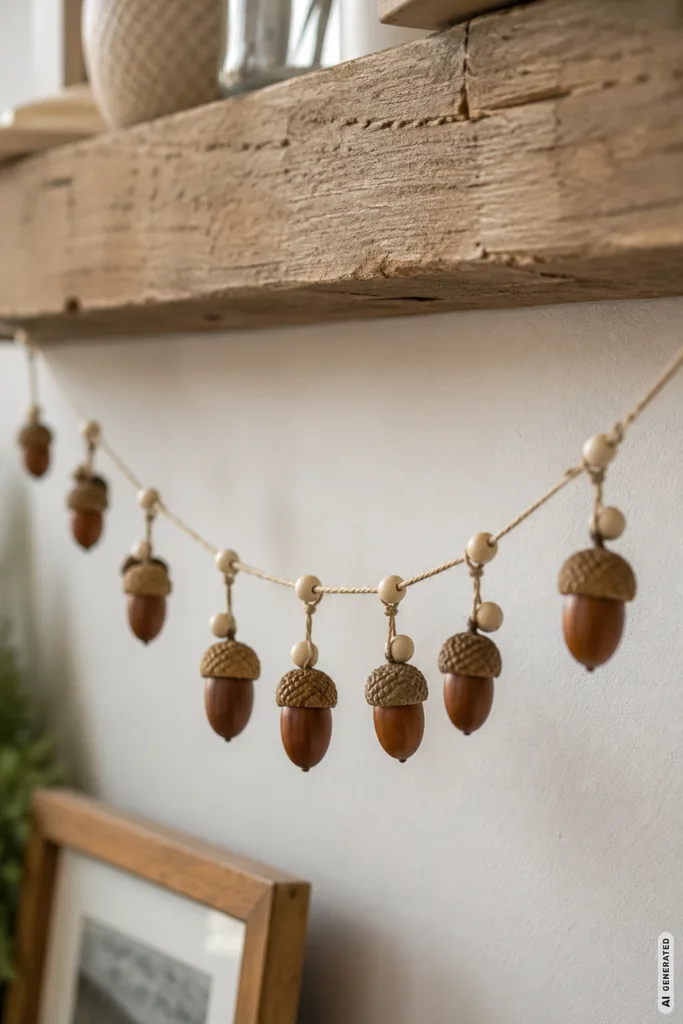 Herbstdeko mit Eicheln basteln: Selbst gemachte Eichelgirlande an einem Holzregal im Wohnbereich.