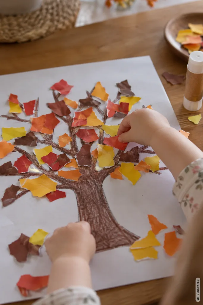 Basteln mit Kleinkindern im Herbst: Kind klebt ein Herbstbild aus gerissenem Papier auf ein weißes Blatt.