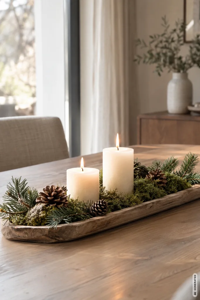 Winterdeko für den Esstisch mit Holzschale, Kerzen, Tannengrün, Moos und Zapfen in ruhigem Esszimmer.