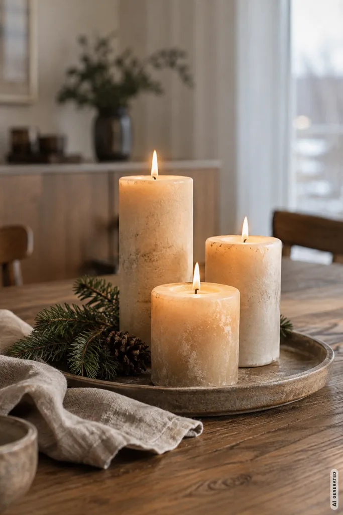 Winterdeko für den Esstisch mit drei gruppierten Kerzen, Tannengrün und ruhiger, natürlicher Lichtstimmung.