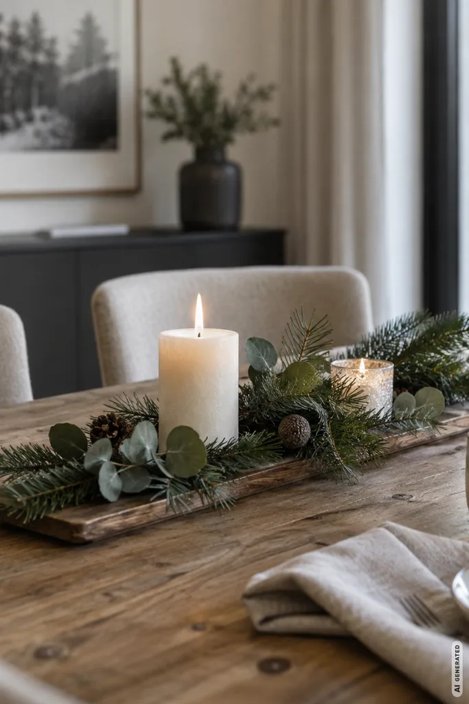 Winterdeko für den Esstisch mit Tannenzweigen, Kerzen und natürlichem Wintergrün auf einem Holztablett.