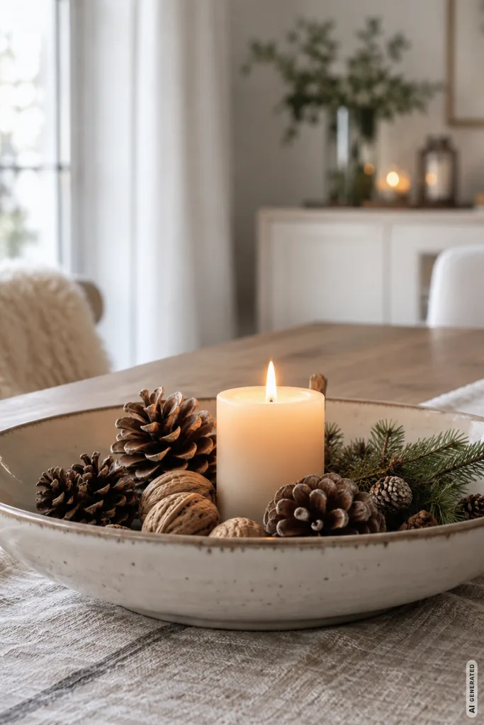 Winterdeko für den Esstisch mit Schale, Kerze, Zapfen, Nüssen und Tannenzweigen auf einem Holztisch.