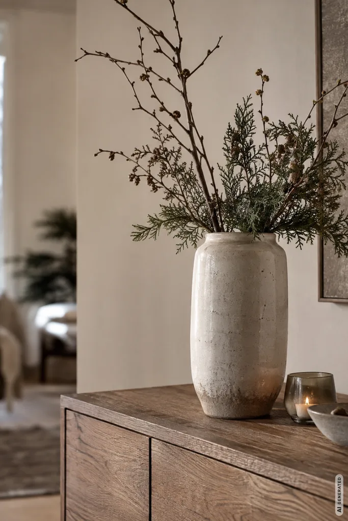 Winterdeko für die Kommode mit hoher Vase, Zweigen, Tannengrün und warmem Kerzenlicht.