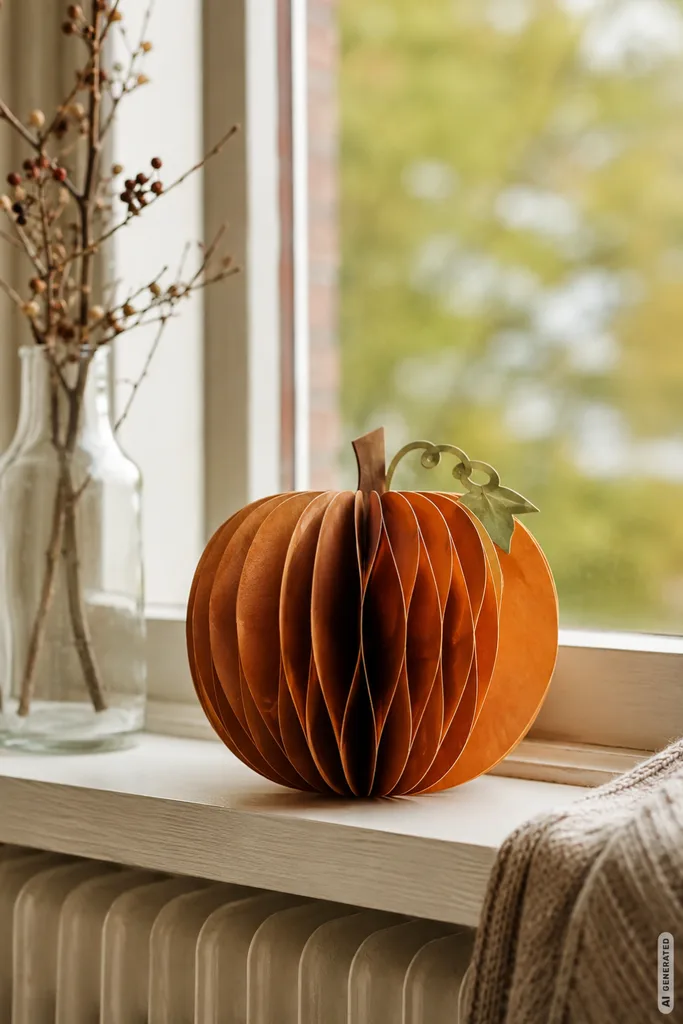 Herbstdeko aus Papier für die Fensterbank: 5 DIY-Ideen zum Selbermachen Herbstdeko aus Papier für die Fensterbank mit DIY Papierkürbis im warmen Tageslicht.