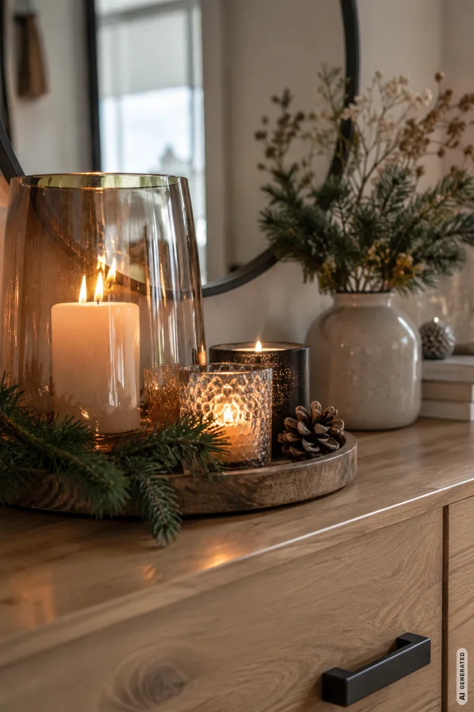 Winterdeko für die Kommode mit Kerzen, Tannengrün und natürlichen Materialien auf einer Holzkommode.