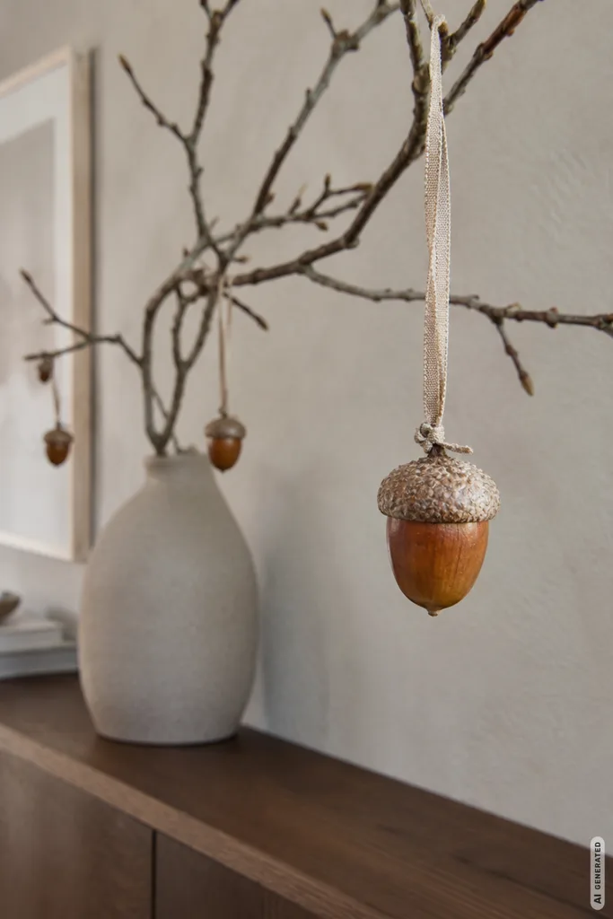 Herbstdeko mit Eicheln basteln: hängender Eichelanhänger an Zweigen in schlichter Vase im ruhigen Interieur.