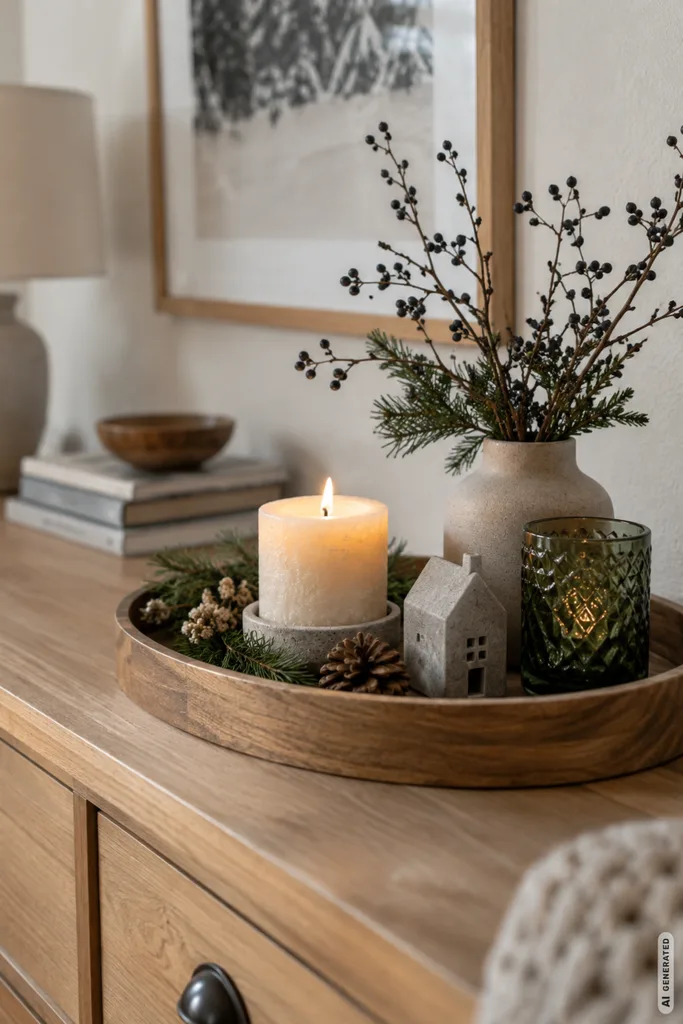 Winterdeko für die Kommode mit Holztablett, Kerze, Tannengrün und natürlichen Dekoelementen.