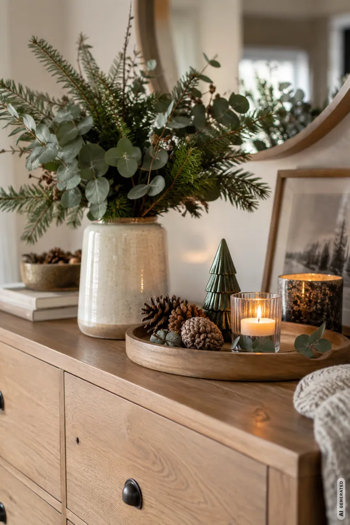 Winterdeko für die Kommode mit Tannengrün, Holz, Keramik, Zapfen und Kerzen in natürlicher Gestaltung.