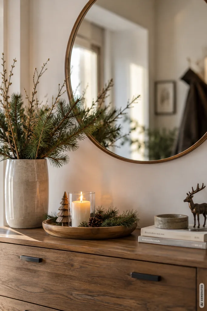 Winterdeko für die Kommode mit Spiegel, Tannengrün, Kerze und natürlichen Materialien.