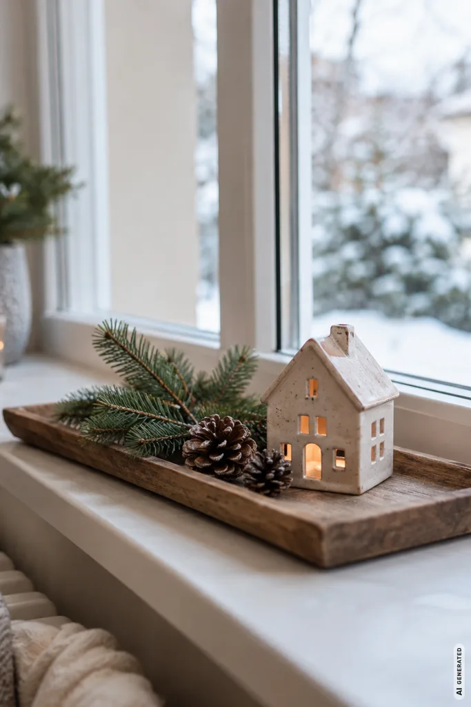 Winterdeko für die Fensterbank: 5 Ideen, die schön wirken, ohne zu überladen Winterdeko für die Fensterbank mit Holztablett, Keramikhaus, Tannengrün und Zapfen im natürlichen Tageslicht.