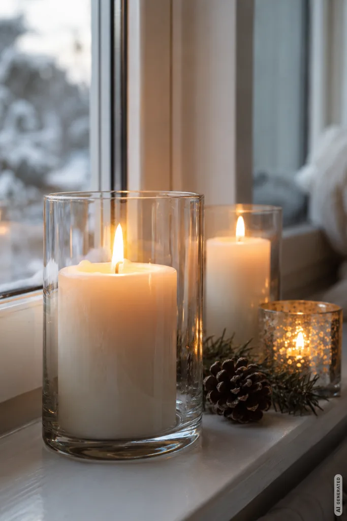 Winterdeko für die Fensterbank: 5 Ideen, die schön wirken, ohne zu überladen Winterdeko für die Fensterbank mit Kerzen, Glaswindlichtern, Tannengrün und Zapfen im weichen Tageslicht.