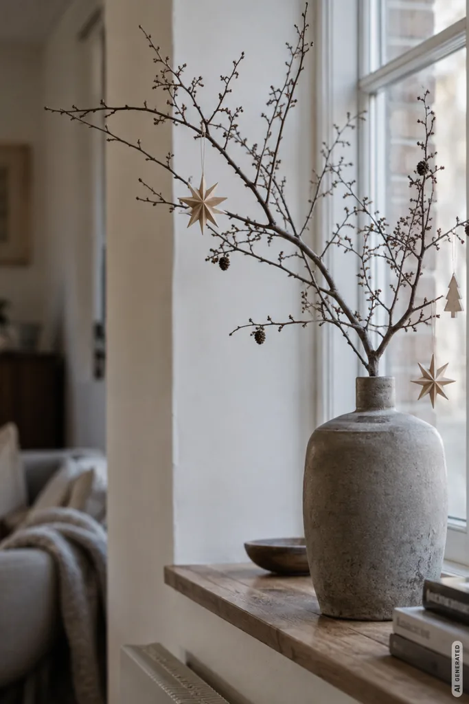 Winterdeko für die Fensterbank: 5 Ideen, die schön wirken, ohne zu überladen Winterdeko für die Fensterbank mit schlichtem Zweig in Keramikvase und dezenten Anhängern am hellen Fenster.