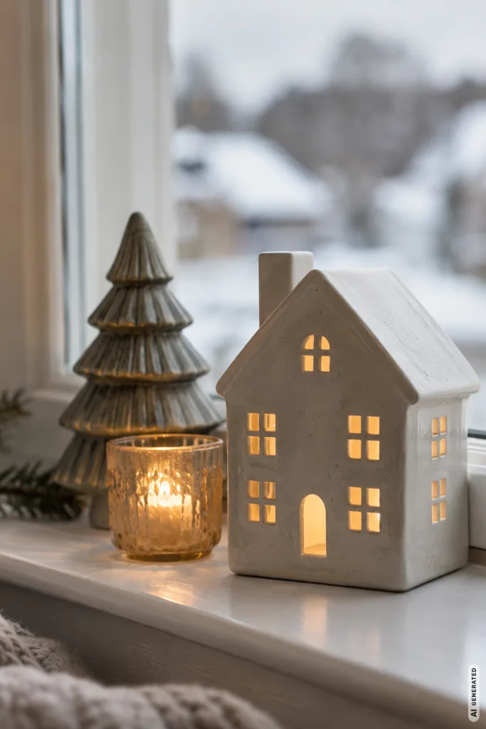 Winterdeko für die Fensterbank: 5 Ideen, die schön wirken, ohne zu überladen Winterdeko für die Fensterbank mit Keramikhaus, kleinem Baum und Kerzenlicht auf heller Fensterbank.