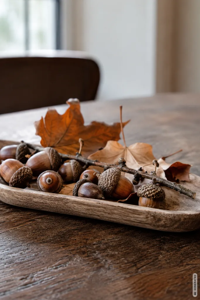 Herbstdeko mit Eicheln basteln: Eicheln, Zweige und Blätter dekorativ auf einem Holztablett.