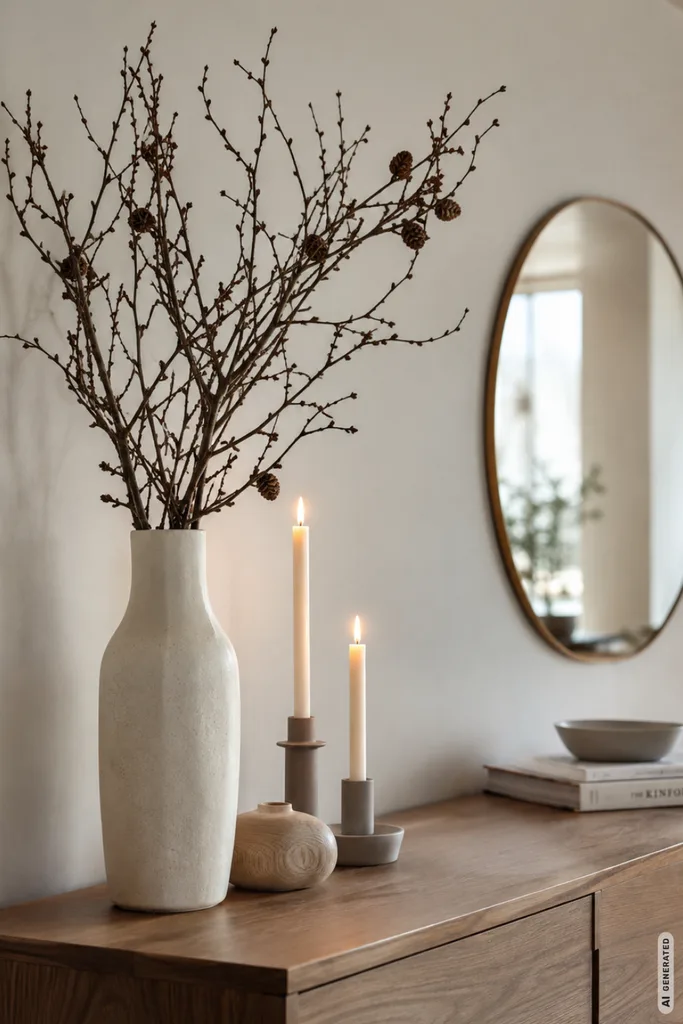 Diese 5 Winterdeko-Ideen lassen dein Sideboard hochwertig wirken, ohne zu überladen Winterdeko fürs Sideboard mit hoher Keramikvase, kahlen Zweigen und Kerzen in natürlicher Wohnatmosphäre.