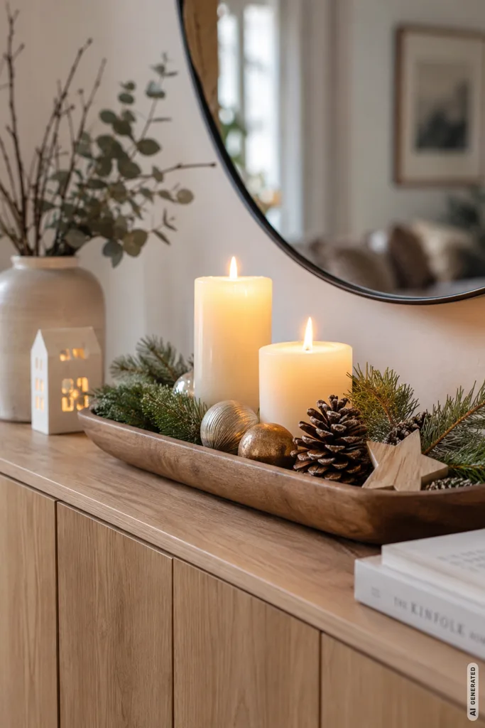 Diese 5 Winterdeko-Ideen lassen dein Sideboard hochwertig wirken, ohne zu überladen Winterdeko fürs Sideboard mit Kerzen, Tannengrün, Zapfen und Holzschale auf einem hellen Sideboard.