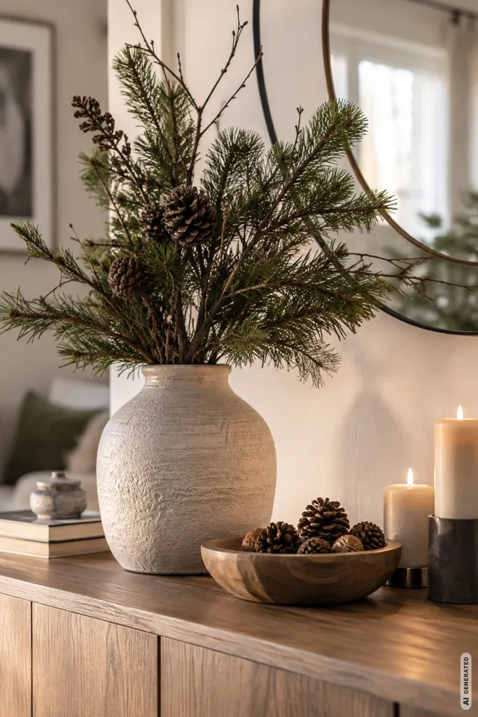 Diese 5 Winterdeko-Ideen lassen dein Sideboard hochwertig wirken, ohne zu überladen Winterdeko fürs Sideboard mit Tannenzweigen, Zapfen, Holzschale und Kerzen in natürlichen Farben.