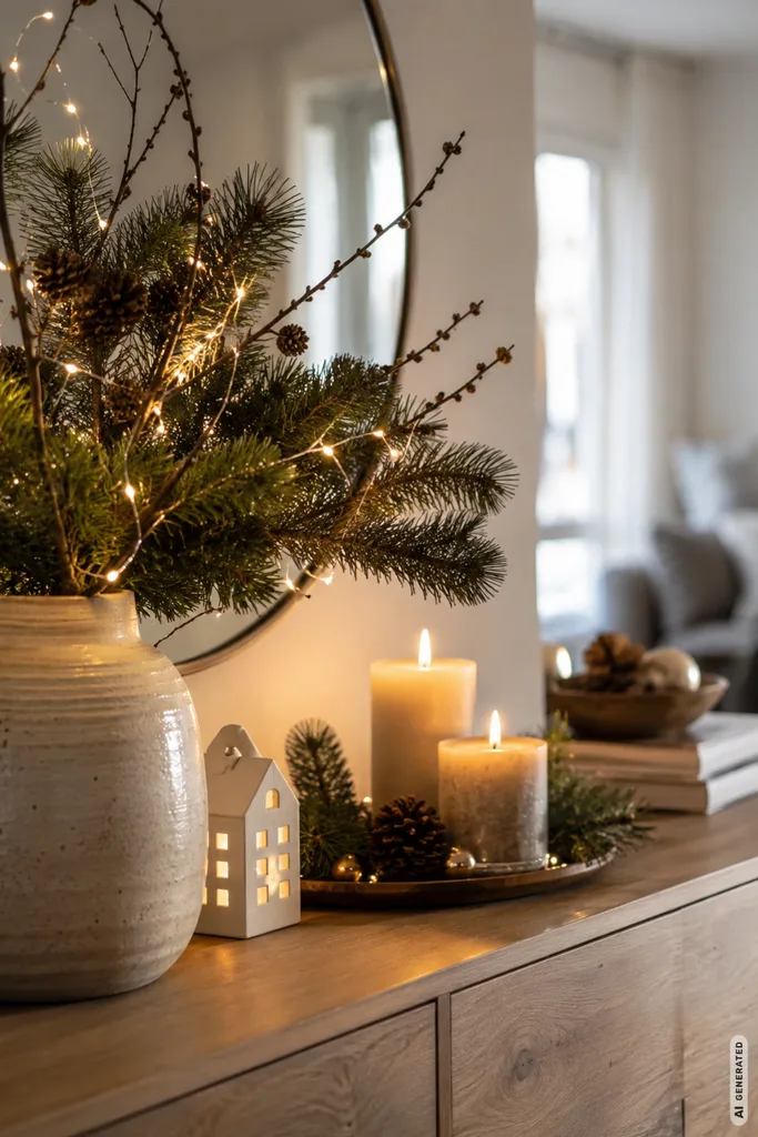 Diese 5 Winterdeko-Ideen lassen dein Sideboard hochwertig wirken, ohne zu überladen Winterdeko fürs Sideboard mit Kerzen, Lichterkette und natürlichen Zweigen im modernen Wohnzimmer.