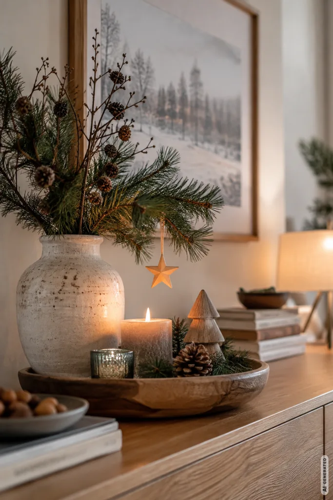Diese 5 Winterdeko-Ideen lassen dein Sideboard hochwertig wirken, ohne zu überladen Winterdeko fürs Sideboard mit Kerzenhalter, Schale und kleiner Figur in ruhiger winterlicher Anordnung.