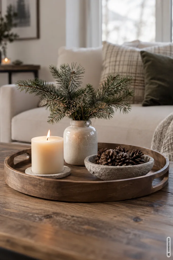 Winterdeko für den Couchtisch: 5 Ideen, die auch im Alltag praktisch bleiben Winterdeko für den Couchtisch mit Holztablett, Kerze, Tannenzweigen und Zapfen in einem hellen Wohnzimmer.